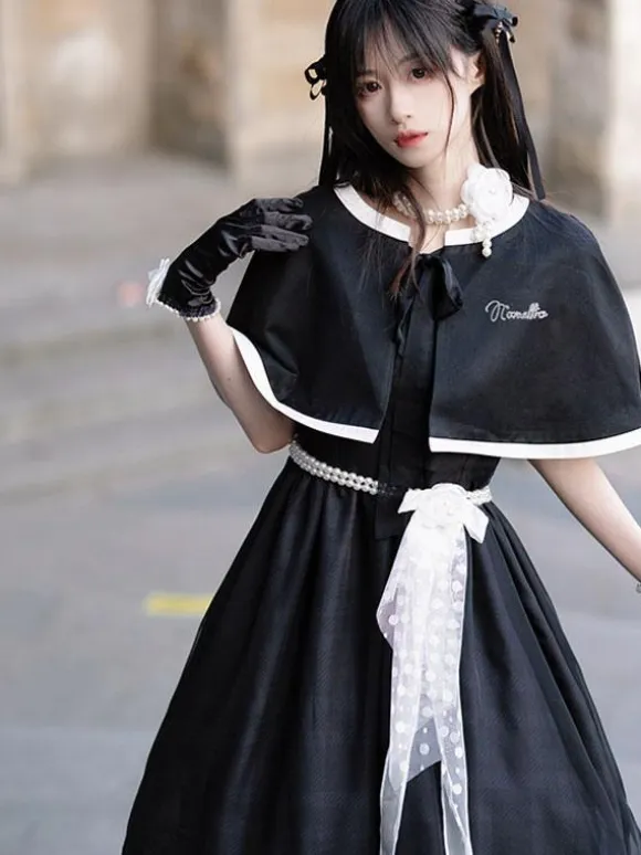 Lolita Specials sweet Lolita Lolita Dresses Costumes Sweet Lolita Dress Polyester Short Sleeves Pearls Dress Navy style Black Lolita Dress