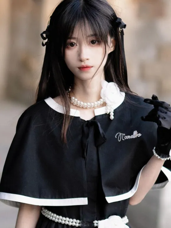 Lolita Specials sweet Lolita Lolita Dresses Costumes Sweet Lolita Dress Polyester Short Sleeves Pearls Dress Navy style Black Lolita Dress