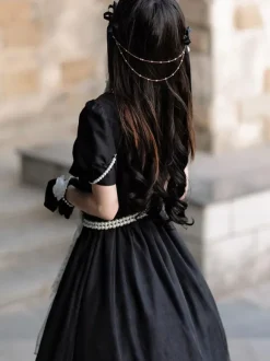 Lolita Specials sweet Lolita Lolita Dresses Costumes Sweet Lolita Dress Polyester Short Sleeves Pearls Dress Navy style Black Lolita Dress