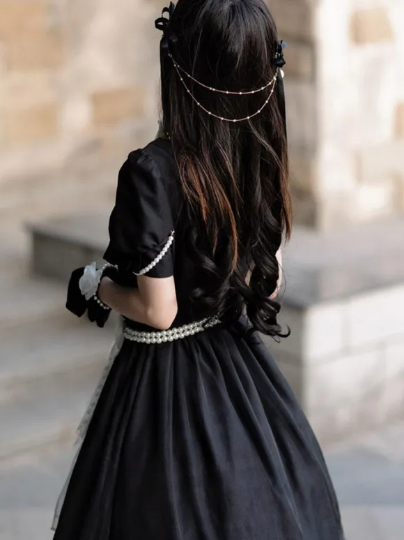 Lolita Specials sweet Lolita Lolita Dresses Costumes Sweet Lolita Dress Polyester Short Sleeves Pearls Dress Navy style Black Lolita Dress