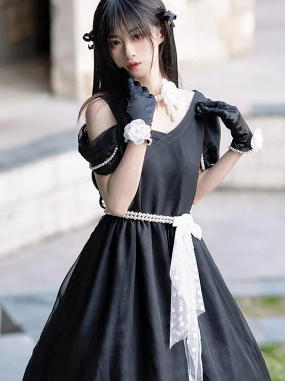Lolita Specials sweet Lolita Lolita Dresses Costumes Sweet Lolita Dress Polyester Short Sleeves Pearls Dress Navy style Black Lolita Dress