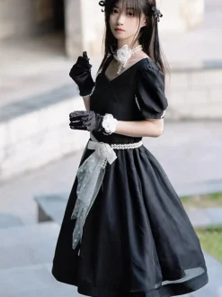 Lolita Specials sweet Lolita Lolita Dresses Costumes Sweet Lolita Dress Polyester Short Sleeves Pearls Dress Navy style Black Lolita Dress