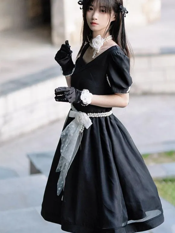 Lolita Specials sweet Lolita Lolita Dresses Costumes Sweet Lolita Dress Polyester Short Sleeves Pearls Dress Navy style Black Lolita Dress