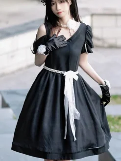 Lolita Specials sweet Lolita Lolita Dresses Costumes Sweet Lolita Dress Polyester Short Sleeves Pearls Dress Navy style Black Lolita Dress