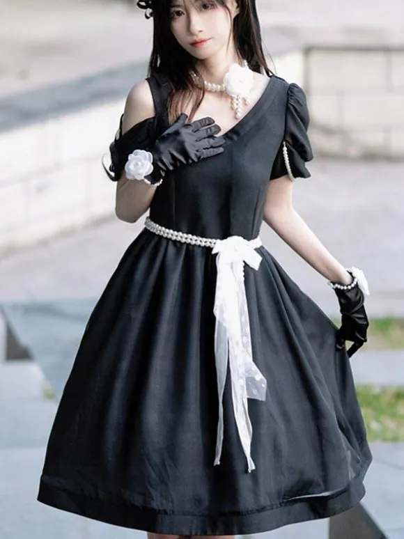 Lolita Specials sweet Lolita Lolita Dresses Costumes Sweet Lolita Dress Polyester Short Sleeves Pearls Dress Navy style Black Lolita Dress