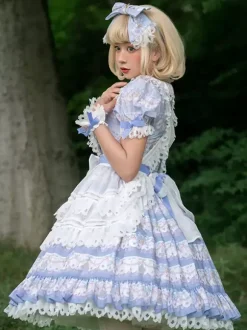 Lolita Specials sweet Lolita Lolita Dresses Costumes Sweet Lolita Dress Polyester Short Sleeves Bows Dress Sweet Light Sky Blue Lolita Dress
