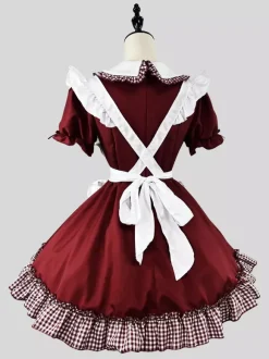 Lolita Sweet Dress Maid Costume For Cosplay Red Velvet Ruffles Uniform