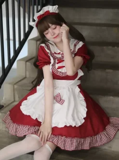 Lolita Sweet Dress Maid Costume For Cosplay Red Velvet Ruffles Uniform