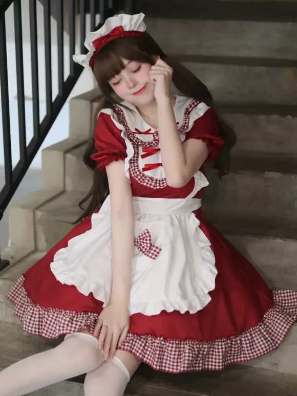 Lolita Sweet Dress Maid Costume For Cosplay Red Velvet Ruffles Uniform