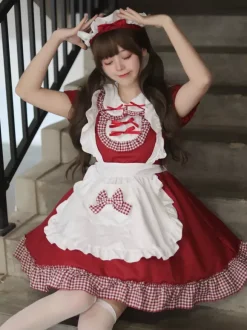 Lolita Sweet Dress Maid Costume For Cosplay Red Velvet Ruffles Uniform