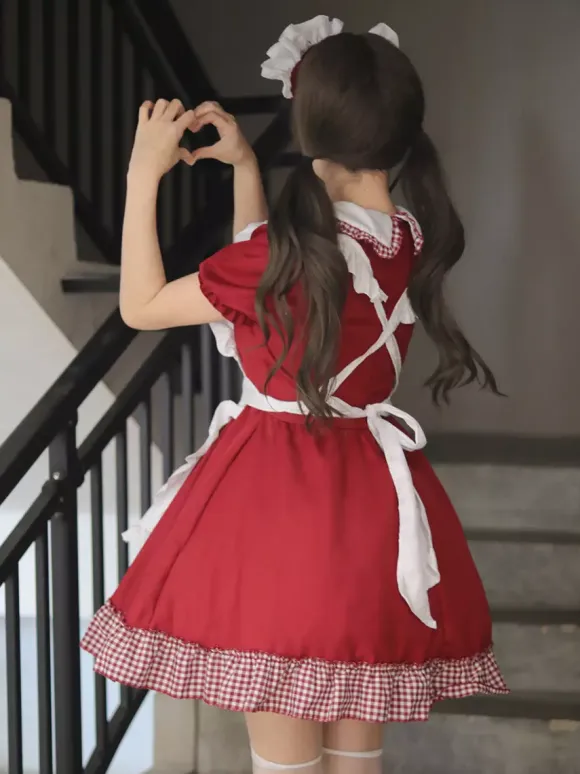 Lolita Sweet Dress Maid Costume For Cosplay Red Velvet Ruffles Uniform