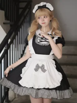 Lolita Sweet Dress Maid Costume For Cosplay Red Velvet Ruffles Uniform