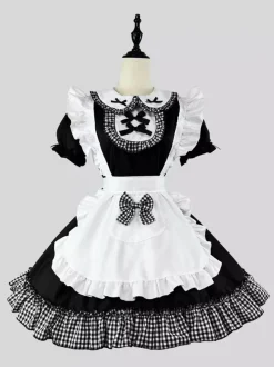 Lolita Sweet Dress Maid Costume For Cosplay Red Velvet Ruffles Uniform
