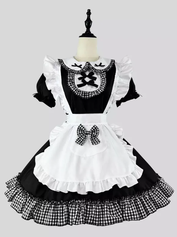 Lolita Sweet Dress Maid Costume For Cosplay Red Velvet Ruffles Uniform