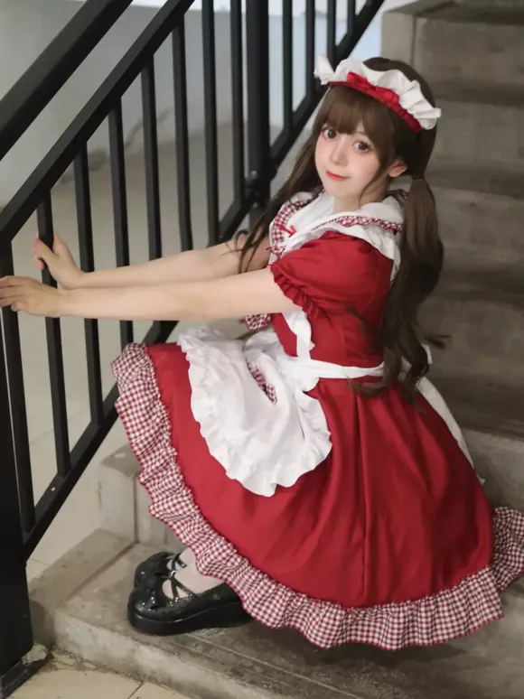 Lolita Sweet Dress Maid Costume For Cosplay Red Velvet Ruffles Uniform