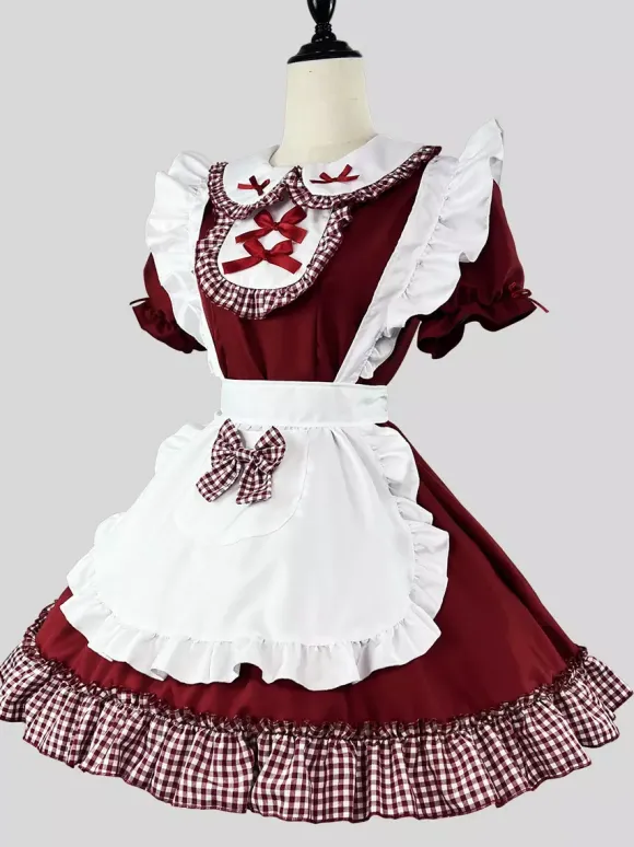 Lolita Sweet Dress Maid Costume For Cosplay Red Velvet Ruffles Uniform