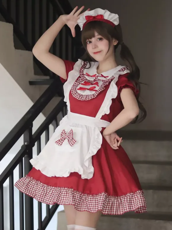 Lolita Sweet Dress Maid Costume For Cosplay Red Velvet Ruffles Uniform