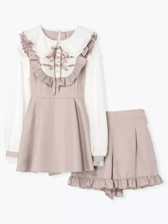 Lolita Tow-piece Suit Lace Up Long Sleeves Dress And Ruffles Shorts