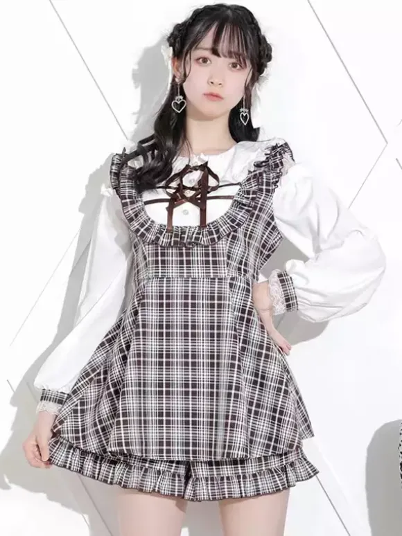 Lolita Tow-piece Suit Lace Up Long Sleeves Dress And Ruffles Shorts