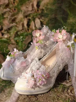 Lolita Wedding Dress Lolita Footwear Purple Color Block Lace Flowers Bows Round Toe PU Leather Lolita Pumps