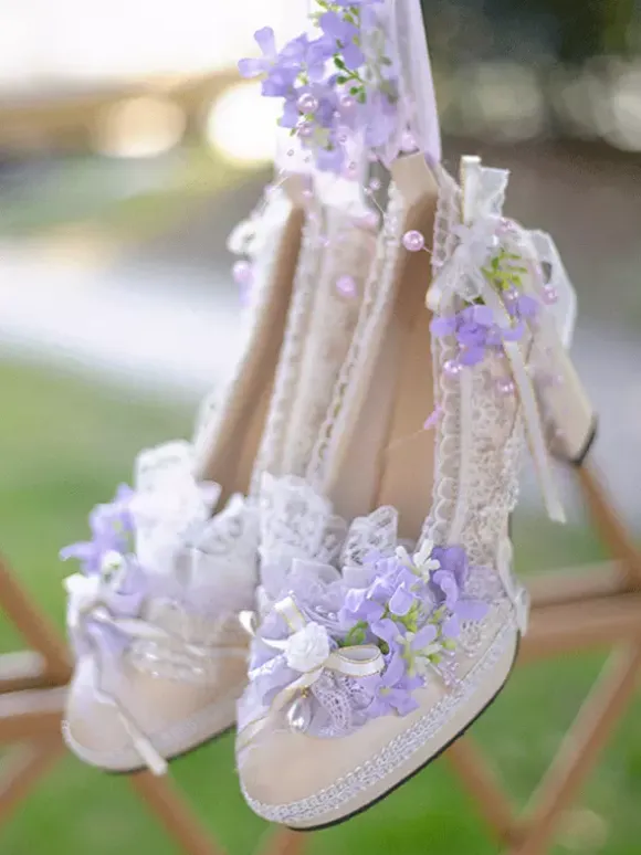 Lolita Wedding Dress Lolita Footwear Purple Color Block Lace Flowers Bows Round Toe PU Leather Lolita Pumps