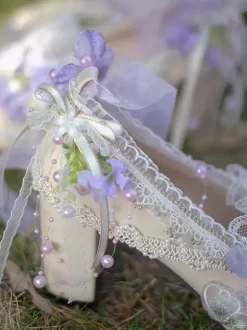 Lolita Wedding Dress Lolita Footwear Purple Color Block Lace Flowers Bows Round Toe PU Leather Lolita Pumps