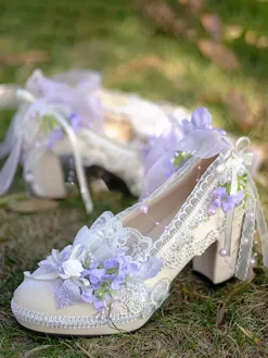 Lolita Wedding Dress Lolita Footwear Purple Color Block Lace Flowers Bows Round Toe PU Leather Lolita Pumps