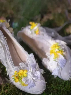Lolita Wedding Dress Lolita Footwear Purple Color Block Lace Flowers Bows Round Toe PU Leather Lolita Pumps