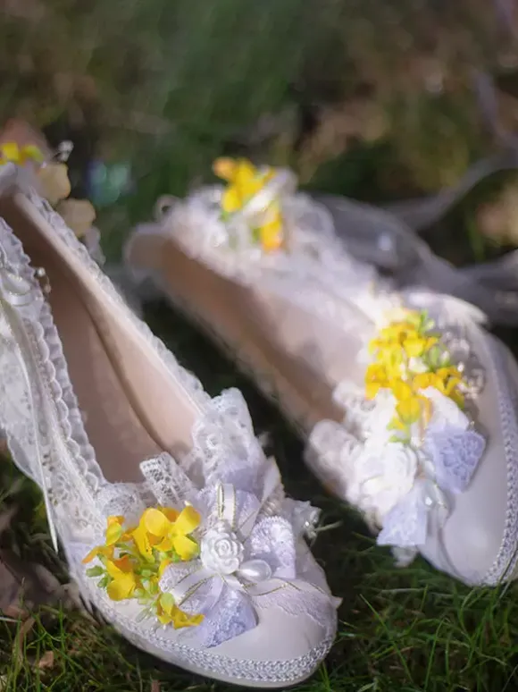 Lolita Wedding Dress Lolita Footwear Purple Color Block Lace Flowers Bows Round Toe PU Leather Lolita Pumps