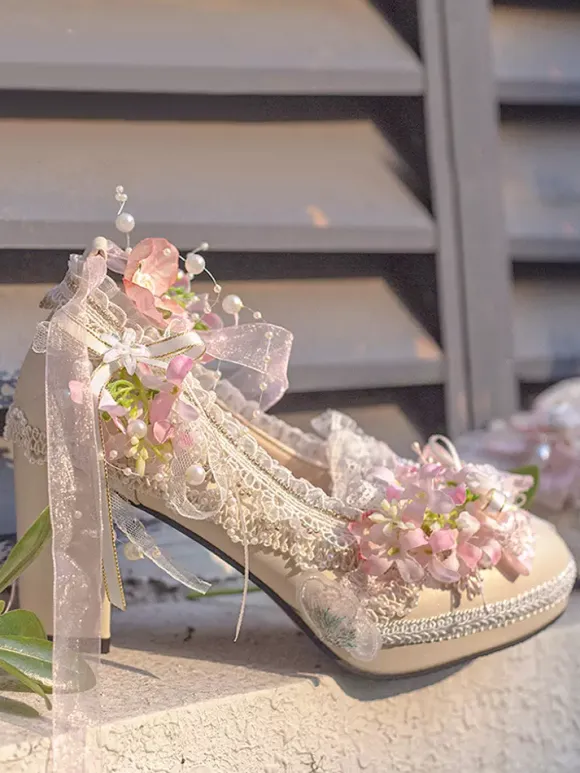 Lolita Wedding Dress Lolita Footwear Purple Color Block Lace Flowers Bows Round Toe PU Leather Lolita Pumps