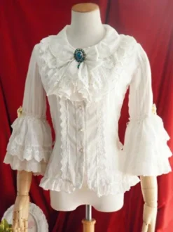 Lolita Wedding Dress Lolita Blouses Lolita Top Ruffles Bows 3/4 Length Sleeves Blouse Stripes Ecru White Lolita Shirt