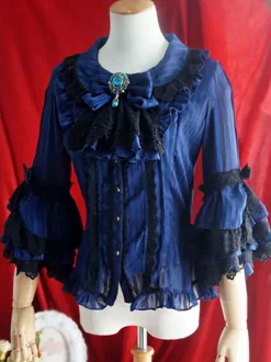 Lolita Wedding Dress Lolita Blouses Lolita Top Ruffles Bows 3/4 Length Sleeves Blouse Stripes Ecru White Lolita Shirt