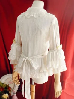 Lolita Wedding Dress Lolita Blouses Lolita Top Ruffles Bows 3/4 Length Sleeves Blouse Stripes Ecru White Lolita Shirt