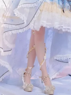 Lolita Wedding Dress Lolita Footwear Champagne Lace Chains Bows Round Toe PU Leather Lolita Pumps