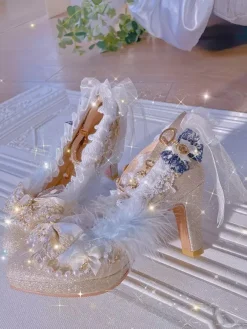 Lolita Wedding Dress Lolita Footwear Champagne Lace Chains Bows Round Toe PU Leather Lolita Pumps