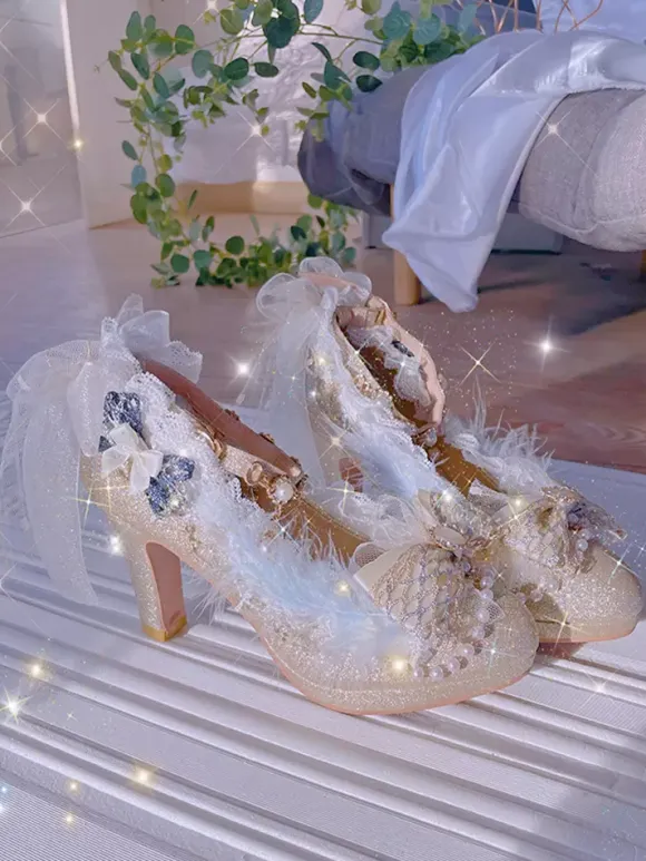 Lolita Wedding Dress Lolita Footwear Champagne Lace Chains Bows Round Toe PU Leather Lolita Pumps