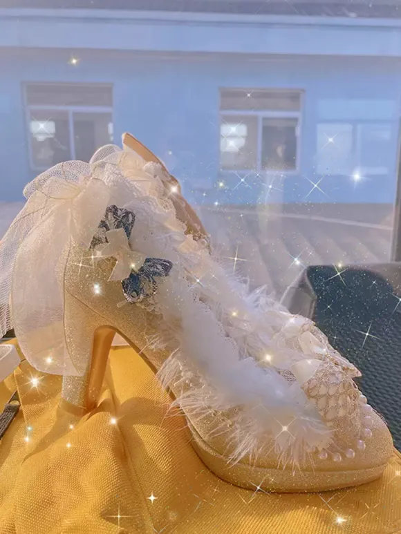 Lolita Wedding Dress Lolita Footwear Champagne Lace Chains Bows Round Toe PU Leather Lolita Pumps