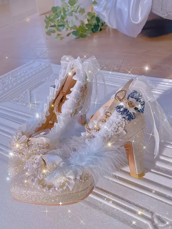 Lolita Wedding Dress Lolita Footwear Champagne Lace Chains Bows Round Toe PU Leather Lolita Pumps