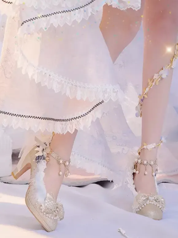 Lolita Wedding Dress Lolita Footwear Champagne Lace Chains Bows Round Toe PU Leather Lolita Pumps