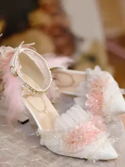 Lolita Wedding Dress Lolita Footwear White Feathers Chains Ruffles Pointed Toe PU Leather Lolita Shoes