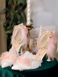 Lolita Wedding Dress Lolita Footwear White Feathers Chains Ruffles Pointed Toe PU Leather Lolita Shoes