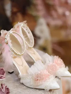 Lolita Wedding Dress Lolita Footwear White Feathers Chains Ruffles Pointed Toe PU Leather Lolita Shoes