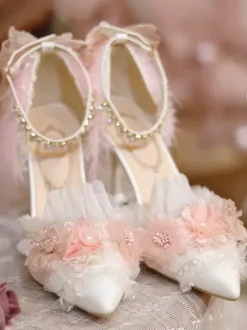 Lolita Wedding Dress Lolita Footwear White Feathers Chains Ruffles Pointed Toe PU Leather Lolita Shoes