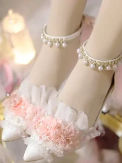 Lolita Wedding Dress Lolita Footwear White Feathers Chains Ruffles Pointed Toe PU Leather Lolita Shoes
