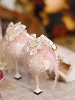 Lolita Wedding Dress Lolita Footwear White Feathers Chains Ruffles Pointed Toe PU Leather Lolita Shoes