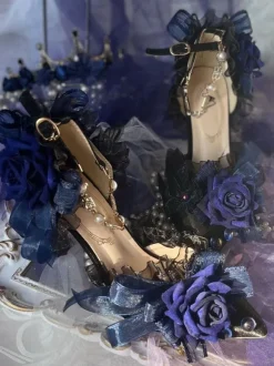 Lolita Wedding Dress Lolita Sandals Bows Flowers Pearls Pointed Toe Elastic Fabric Deep Blue Lolita Summer Shoes