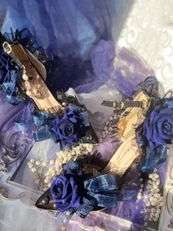 Lolita Wedding Dress Lolita Sandals Bows Flowers Pearls Pointed Toe Elastic Fabric Deep Blue Lolita Summer Shoes