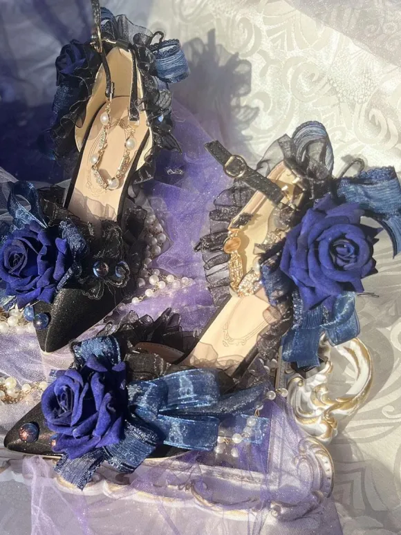 Lolita Wedding Dress Lolita Sandals Bows Flowers Pearls Pointed Toe Elastic Fabric Deep Blue Lolita Summer Shoes