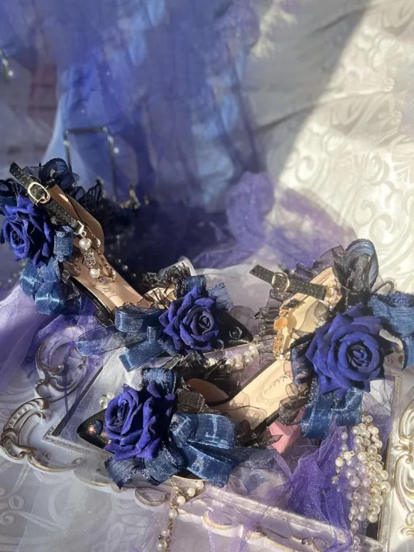 Lolita Wedding Dress Lolita Sandals Bows Flowers Pearls Pointed Toe Elastic Fabric Deep Blue Lolita Summer Shoes