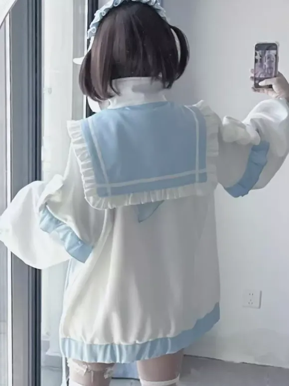 Lolita Zip-Up Outer Subculture Sailor Collar Tops Lightweight Frilly Parka